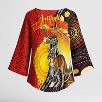 Australia and Papua New Guinea Together Kimono Sleeve Blouse Bird-of-paradise and Kangaroo with Oro Tapa and Aboriginal Art Motifs - Polynesian Pride