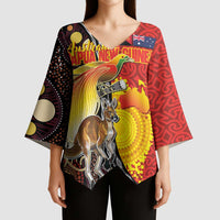 Australia and Papua New Guinea Together Kimono Sleeve Blouse Bird-of-paradise and Kangaroo with Oro Tapa and Aboriginal Art Motifs - Polynesian Pride
