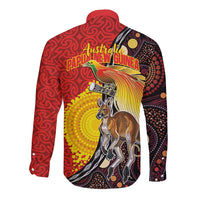 Australia and Papua New Guinea Together Long Sleeve Button Shirt Bird-of-paradise and Kangaroo with Oro Tapa and Aboriginal Art Motifs - Polynesian Pride