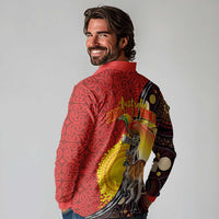 Australia and Papua New Guinea Together Long Sleeve Polo Shirt Bird-of-paradise and Kangaroo with Oro Tapa and Aboriginal Art Motifs - Polynesian Pride