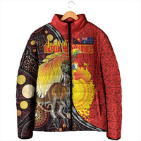 Australia and Papua New Guinea Together Padded Jacket Bird-of-paradise and Kangaroo with Oro Tapa and Aboriginal Art Motifs - Polynesian Pride