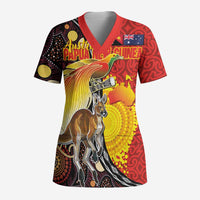 Australia and Papua New Guinea Together Scrub Top Bird-of-paradise and Kangaroo with Oro Tapa and Aboriginal Art Motifs - Polynesian Pride