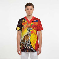 Australia and Papua New Guinea Together Scrub Top Bird-of-paradise and Kangaroo with Oro Tapa and Aboriginal Art Motifs - Polynesian Pride