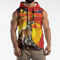 Australia and Papua New Guinea Together Sleeveless Hoodie Bird-of-paradise and Kangaroo with Oro Tapa and Aboriginal Art Motifs - Polynesian Pride