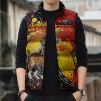 Australia and Papua New Guinea Together Sleeveless Puffer Jacket Bird-of-paradise and Kangaroo with Oro Tapa and Aboriginal Art Motifs - Polynesian Pride