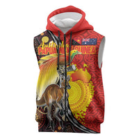 Australia and Papua New Guinea Together Sleeveless Zip Hoodie Bird-of-paradise and Kangaroo with Oro Tapa and Aboriginal Art Motifs LT03 Black - Polynesian Pride