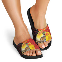 Australia and Papua New Guinea Together Slide Sandals Bird-of-paradise and Kangaroo with Oro Tapa and Aboriginal Art Motifs - Polynesian Pride