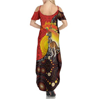Australia and Papua New Guinea Together Summer Maxi Dress Bird-of-paradise and Kangaroo with Oro Tapa and Aboriginal Art Motifs - Polynesian Pride