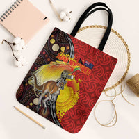 Australia and Papua New Guinea Together Tote Bag Bird-of-paradise and Kangaroo with Oro Tapa and Aboriginal Art Motifs LT03 Black Strap One Size Black - Polynesian Pride