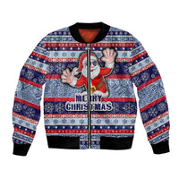 Fiji Christmas Bomber Jacket Fijian Santa and Coat of Arms Mix Tapa Pattern Striped Style LT03 Unisex Blue - Polynesian Pride