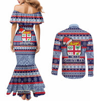 fiji-christmas-couples-matching-mermaid-dress-and-long-sleeve-button-shirts-fijian-santa-and-coat-of-arms-mix-tapa-pattern-striped-style