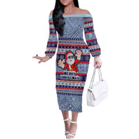 Fiji Christmas Off The Shoulder Long Sleeve Dress Fijian Santa and Coat of Arms Mix Tapa Pattern Striped Style LT03 Women Blue - Polynesian Pride