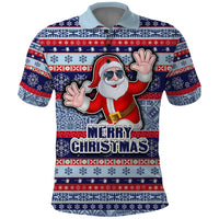 Fiji Christmas Polo Shirt Fijian Santa and Coat of Arms Mix Tapa Pattern Striped Style LT03 Blue - Polynesian Pride