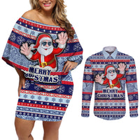 Custom Fiji Christmas Couples Matching Off Shoulder Short Dress and Long Sleeve Button Shirts Fijian Santa and Coat of Arms Mix Tapa Pattern Striped Style LT03 Blue - Polynesian Pride
