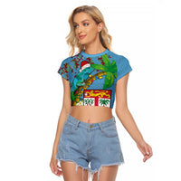 Fijians Iguana Tagimoucia Christmas Raglan Cropped T Shirt Christmas Palm Tree and Hibiscus LT03 Female Blue - Polynesian Pride
