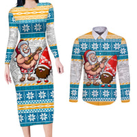 Hawaii Mele Kalikimaka Couples Matching Long Sleeve Bodycon Dress and Long Sleeve Button Shirt Funny Santa and Coconut Mix Kakau Pattern LT03 Blue - Polynesian Pride