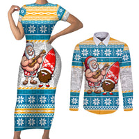 Hawaii Mele Kalikimaka Couples Matching Short Sleeve Bodycon Dress and Long Sleeve Button Shirt Funny Santa and Coconut Mix Kakau Pattern LT03 Blue - Polynesian Pride