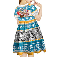 Hawaii Mele Kalikimaka Kid Short Sleeve Dress Funny Santa and Coconut Mix Kakau Pattern LT03 - Polynesian Pride