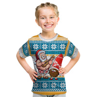 Hawaii Mele Kalikimaka Kid T Shirt Funny Santa and Coconut Mix Kakau Pattern LT03 Blue - Polynesian Pride