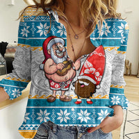 Hawaii Mele Kalikimaka Women Casual Shirt Funny Santa and Coconut Mix Kakau Pattern LT03 Female Blue - Polynesian Pride