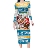 Custom Hawaii Mele Kalikimaka Long Sleeve Bodycon Dress Funny Santa and Coconut Mix Kakau Pattern LT03 Long Dress Blue - Polynesian Pride