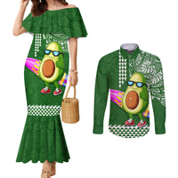 Hawaii Couples Matching Mermaid Dress and Long Sleeve Button Shirt Aloha Funny Avocado Mix Kakau Hawaiian Tribal LT03 Green - Polynesian Pride