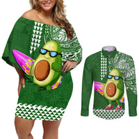 Hawaii Couples Matching Off Shoulder Short Dress and Long Sleeve Button Shirt Aloha Funny Avocado Mix Kakau Hawaiian Tribal LT03 Green - Polynesian Pride