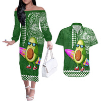 Hawaii Couples Matching Off The Shoulder Long Sleeve Dress and Hawaiian Shirt Aloha Funny Avocado Mix Kakau Hawaiian Tribal LT03 Green - Polynesian Pride