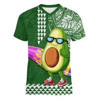 Hawaii Women V Neck T Shirt Aloha Funny Avocado Mix Kakau Hawaiian Tribal LT03 Female Green - Polynesian Pride
