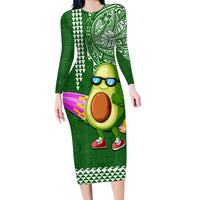 Aloha Avocado Funny Fruits Custom Family Matching Long Sleeve Bodycon Dress and Hawaiian Shirt Mix Hawaiian Kakau Tribal LT03 Mom's Dress Green - Polynesian Pride