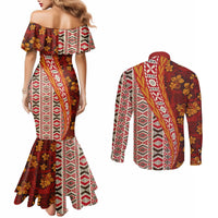 Hawaii Native Tapa Elements and Hibiscus Flowers Couples Matching Mermaid Dress and Long Sleeve Button Shirt LT03 - Polynesian Pride