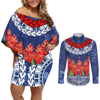 Samoan Tapa Couples Matching Off Shoulder Short Dress and Long Sleeve Button Shirt Ula Fala and Teuila Flower LT03 Blue - Polynesian Pride