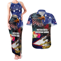 Personalised United States and American Samoa Couples Matching Tank Maxi Dress and Hawaiian Shirt Bald Eagle Rose and Hibiscus Flower LT03 Blue - Polynesian Pride
