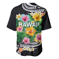 Hawaii Aloha Tropical Leaves and Flower Baseball Jersey with Polynesian Art Tattoo Black Color LT03 - Polynesian Pride