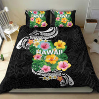 Hawaii Aloha Tropical Leaves and Flower Bedding Set with Polynesian Art Tattoo Black Color - Polynesian Pride