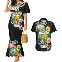 Hawaii Aloha Tropical Leaves and Flower Couples Matching Mermaid Dress and Hawaiian Shirt with Polynesian Art Tattoo Black Color - Polynesian Pride