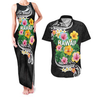 Hawaii Aloha Tropical Leaves and Flower Couples Matching Tank Maxi Dress and Hawaiian Shirt with Polynesian Art Tattoo Black Color - Polynesian Pride