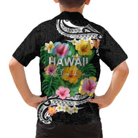 Hawaii Aloha Tropical Leaves and Flower Family Matching Long Sleeve Bodycon Dress and Hawaiian Shirt with Polynesian Art Tattoo Black Color - Polynesian Pride
