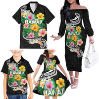 Hawaii Aloha Tropical Leaves and Flower Family Matching Off The Shoulder Long Sleeve Dress and Hawaiian Shirt with Polynesian Art Tattoo Black Color - Polynesian Pride