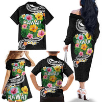Hawaii Aloha Tropical Leaves and Flower Family Matching Off The Shoulder Long Sleeve Dress and Hawaiian Shirt with Polynesian Art Tattoo Black Color - Polynesian Pride