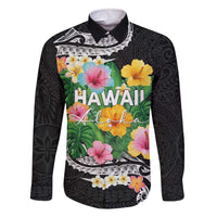 Hawaii Aloha Tropical Leaves and Flower Family Matching Off The Shoulder Long Sleeve Dress and Hawaiian Shirt with Polynesian Art Tattoo Black Color - Polynesian Pride