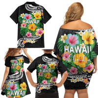 Hawaii Aloha Tropical Leaves and Flower Family Matching Off Shoulder Short Dress and Hawaiian Shirt with Polynesian Art Tattoo Black Color - Polynesian Pride