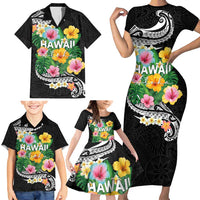 Hawaii Aloha Tropical Leaves and Flower Family Matching Short Sleeve Bodycon Dress and Hawaiian Shirt with Polynesian Art Tattoo Black Color - Polynesian Pride