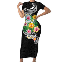 Hawaii Aloha Tropical Leaves and Flower Family Matching Short Sleeve Bodycon Dress and Hawaiian Shirt with Polynesian Art Tattoo Black Color - Polynesian Pride