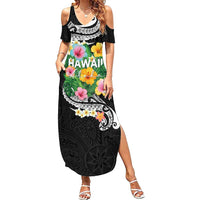 Hawaii Aloha Tropical Leaves and Flower Family Matching Summer Maxi Dress and Hawaiian Shirt with Polynesian Art Tattoo Black Color - Polynesian Pride