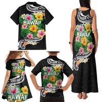 Hawaii Aloha Tropical Leaves and Flower Family Matching Tank Maxi Dress and Hawaiian Shirt with Polynesian Art Tattoo Black Color - Polynesian Pride