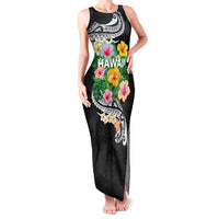 Hawaii Aloha Tropical Leaves and Flower Family Matching Tank Maxi Dress and Hawaiian Shirt with Polynesian Art Tattoo Black Color - Polynesian Pride