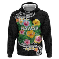 Hawaii Aloha Tropical Leaves and Flower Hoodie with Polynesian Art Tattoo Black Color - Polynesian Pride