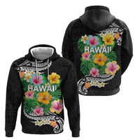 Hawaii Aloha Tropical Leaves and Flower Hoodie with Polynesian Art Tattoo Black Color - Polynesian Pride