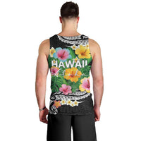 Hawaii Aloha Tropical Leaves and Flower Men Tank Top with Polynesian Art Tattoo Black Color LT03 - Polynesian Pride